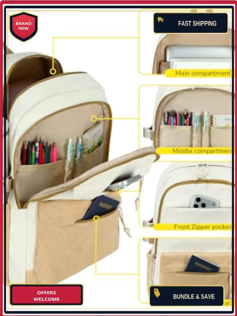 Corduroy Backpack for Women Teen Girls School Laptop Bag Daypack Travel